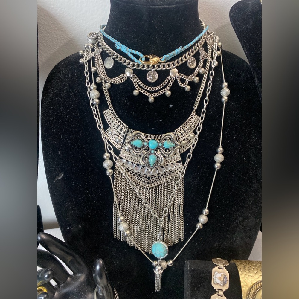 Turquoise and Silver Statement Necklaces, southwestern style jewelry lot - Picture 5 of 16